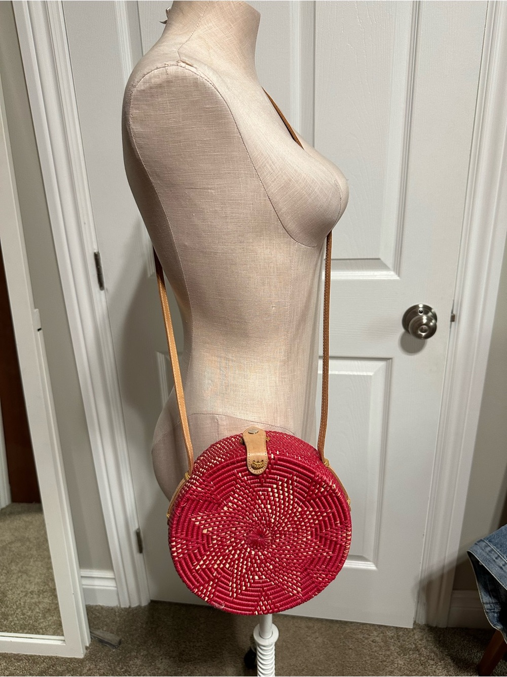 Cute Round Red Woven Crossbody Bag with Tan Strap
